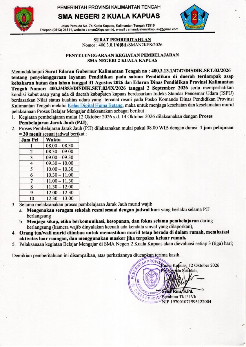 Dampak Kabut Asap, SMAN 2 Kuala Kapuas Alihkan Kegiatan Belajar Mengajar ke Pembelajaran Jarak Jauh (PJJ)